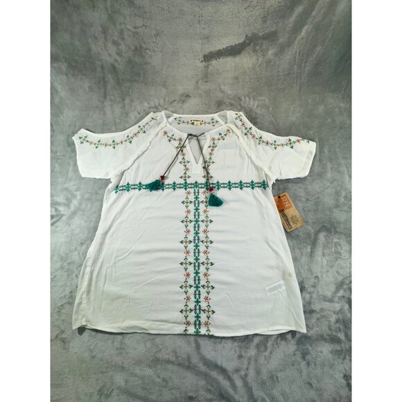 Ruff Hewn Womens Blouse Large Boho Embroidered Cold Shoulder Short Sleeve Tassel - Picture 1 of 16